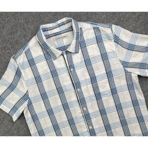 Outerknown Shirt Men's M White Blue Plaid Button Up Camp Loop Collar Organic‎
